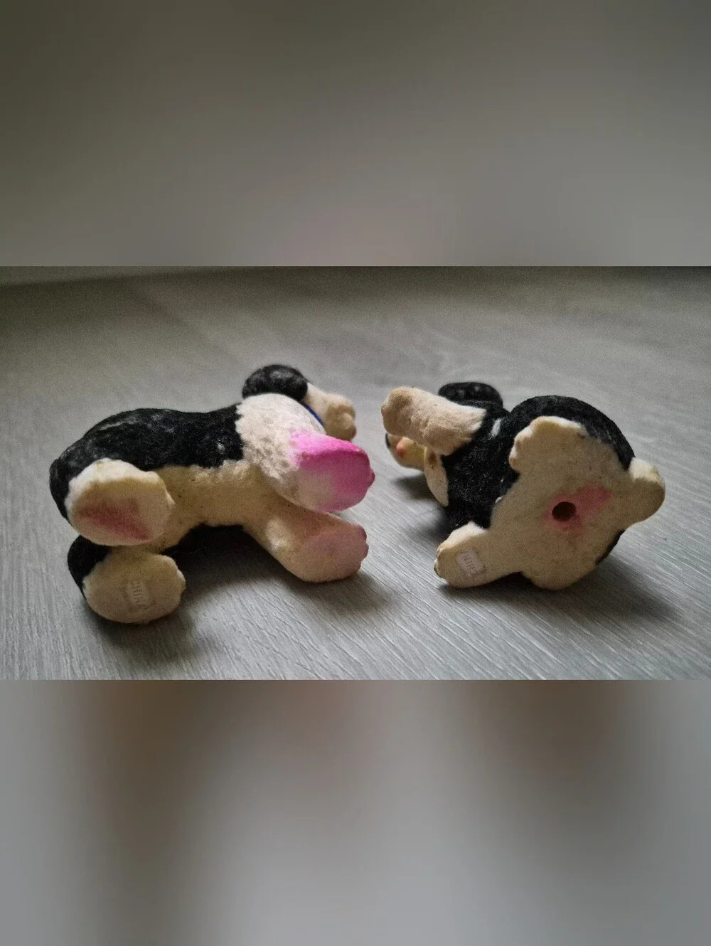 2 Vintage Flocked Black White Spots English Sheepdogs Barbie Dollhouse Pets